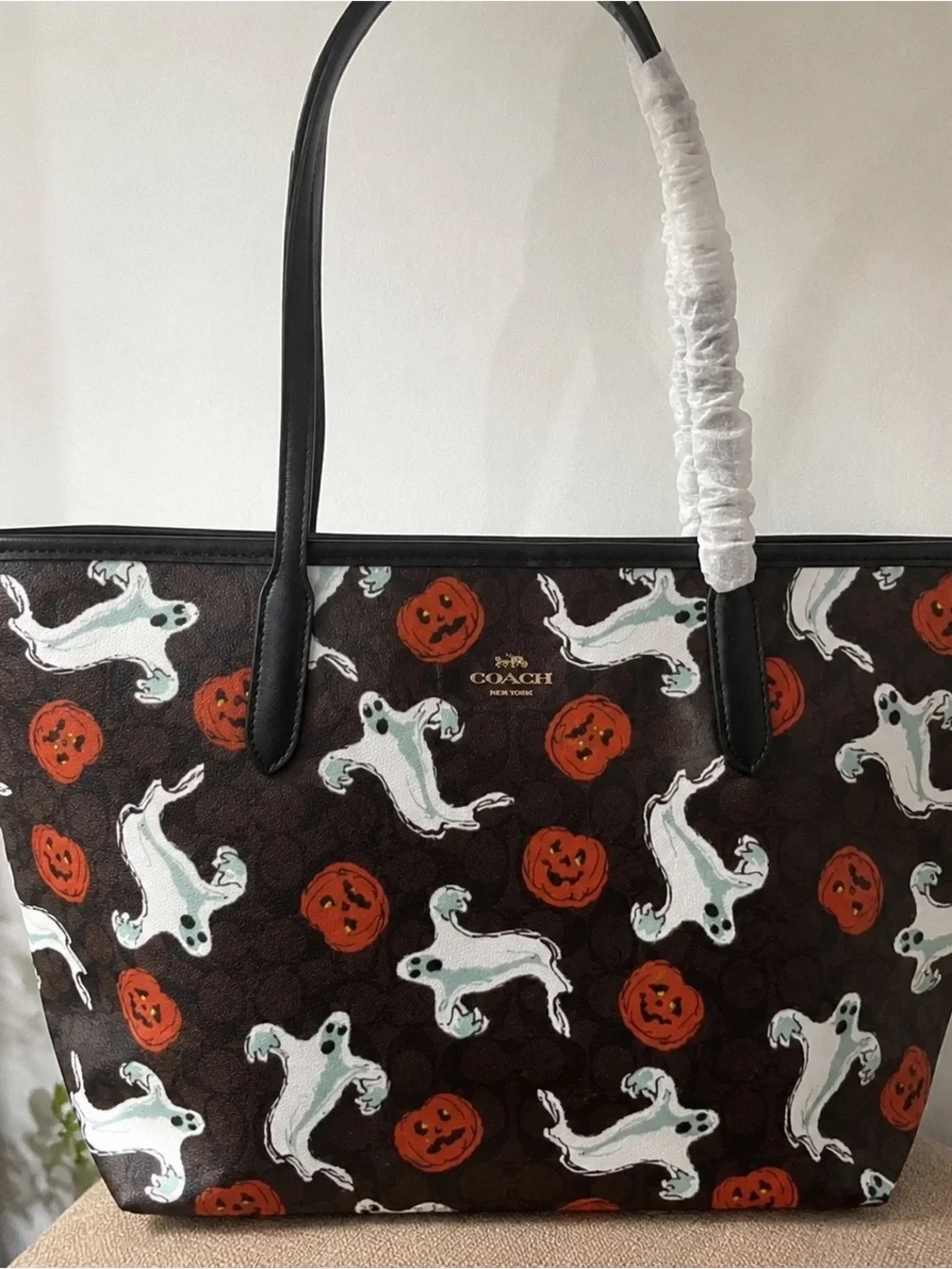 Coach Halloween Ghost & Pumpkin Tote in Black, White and Orange - Picture 2 of 4